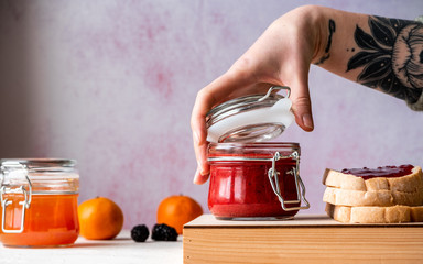 Homemade jam on a light background.