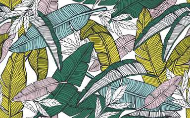 Seamless tropical pattern with banana leaves. Hand drawn vector