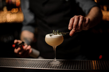 Professional bartender adding to a cocktail glass smoked herb