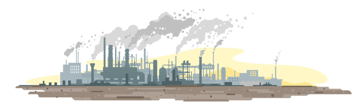 Industrial plant landscape with smoking pipes, factory buildings silhouette, environmental pollution, smog and fog in sky, ecology concept, flat style isolated