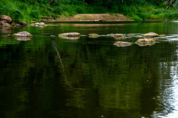 Landscape of river and reflection of green forest.