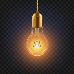 Light Bulb Vector. Glowing Bright Light Bulb Icon. Fluorescent Invention. 3D Realistic Transparent Illustration