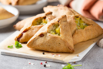 Tatar pie triangle echpochmak, Russian kurnik, delicious pastry with chicken and potatoes. Traditional food, quick snack of dough © maria_lapina
