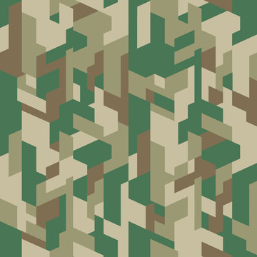 Isometric camouflage pattern. Seamless urban texture. Green color geometric camo background. Vector fabric textile print designs. 