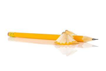 One whole yellow pencil fan-shaped shaving isolated on white background