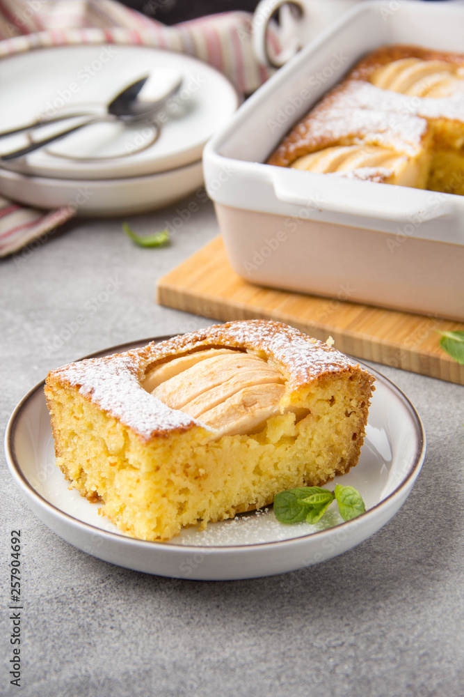 Wall mural Apple pie (charlotte, casserole), with corn flour and semolina. Healthy food, gluten free, homemade cakes