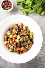 Vegetable stew with eggplant, zucchini, tomatoes, onions, mushrooms, garlic and cilantro. Vegetarian ajapsandali, Italian caponata. Traditional saute Ratatouille