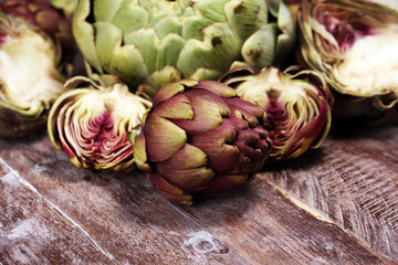 artichokes on grey background. fresh organic artichoke flower vegetable