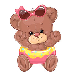 Girl teddy bear on the beach swims in the inflatable circle. Summer rest. Holidays with children.