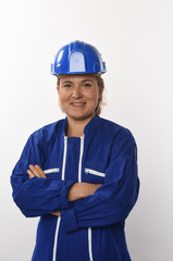 female worker in blue working on white background