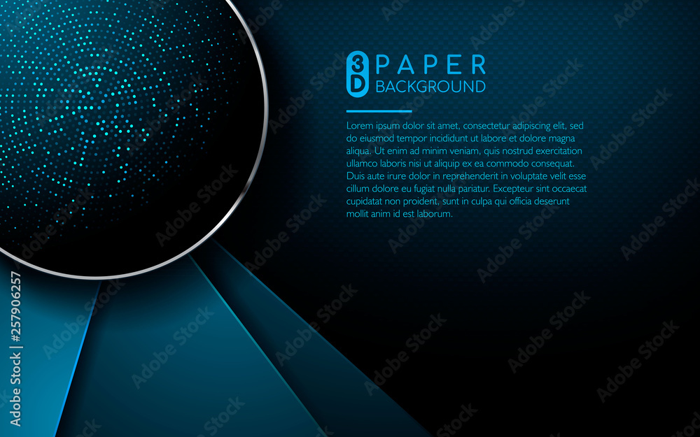 Poster dark blue abstract background with blue overlap layers. realistic texture with silver circle and lig