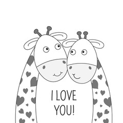 Two happy lovely giraffes. Best friends. Greeting card to the valentines day.