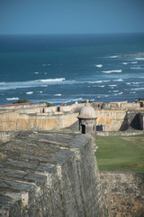 Fototapeta na wymiar Sentry box and battlements in the 16th century fortress of San Cristobal in San Juan, Pueto Rico