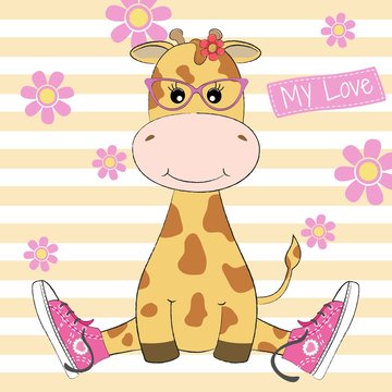 Adorable giraffe sitting in glasses and in sport shoes.