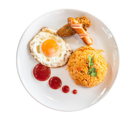 American fried rice on the white plate isolated on white background.