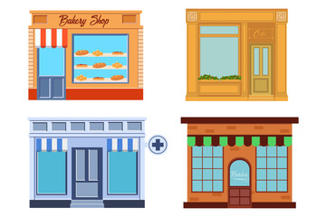 Vector modern cafe, bakery, drugstore and barbershop detailed facade in flat style. Vector illustration.