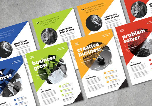 Business Flyer Layout with Colorful Accents and Grayscale Image Masks