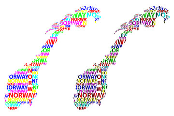 Sketch Norway letter text map, Kingdom of Norway - in the shape of the continent, Map Norway - color vector illustration