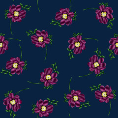 Exotic flowers pattern, jungle print design. Pattern for summer designs. Fashion trended botanical navy blue background. Vibrant Hi Quality botanical artwork.