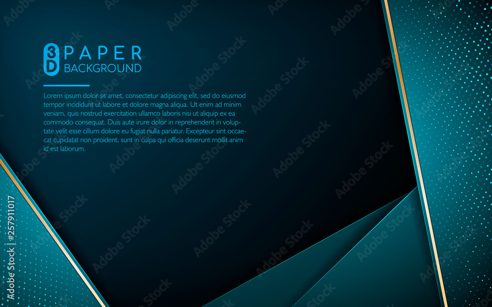 Poster dark abstract background with blue overlap layers. texture with golden list and light glitters dots 