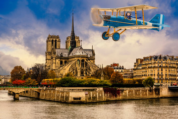 Aircraft, girl pilot aviator in airplane flying over Paris, France The travel by air concept.