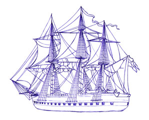 Ship drawn blue pen on white paper