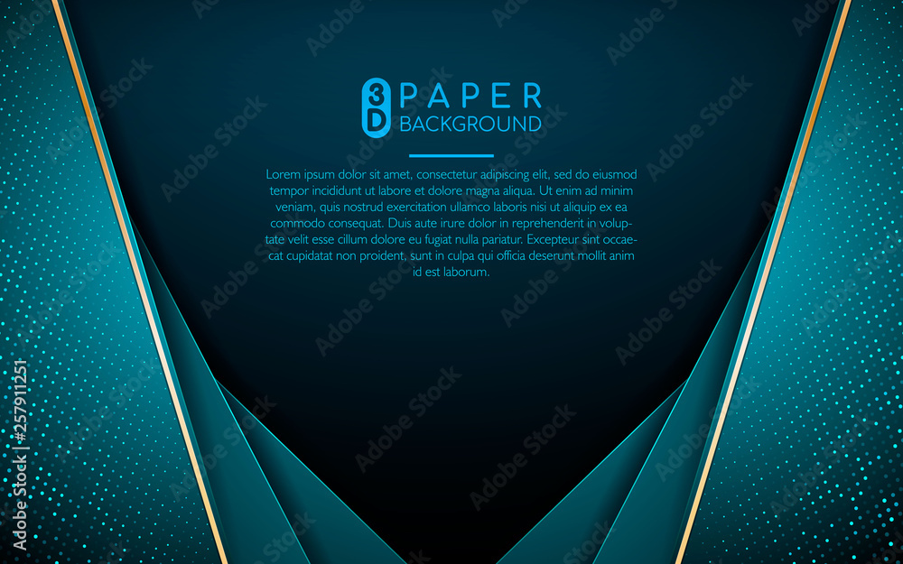 Poster dark abstract background with blue overlap layers. texture with golden list and light glitters dots 
