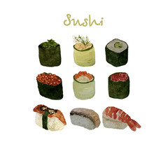 Watercolor sea food set with sushi, shrimp mussel fish and shells isolated hand drawn illustration on white for menus, travel blogs about Japanese and Chinese food