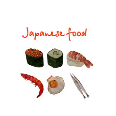 Watercolor sea food set with sushi, shrimp mussel fish and shells isolated hand drawn illustration on white for menus, travel blogs about Japanese and Chinese food