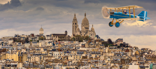 Aircraft, girl pilot aviator in airplane flying over Paris, France The travel by air concept.