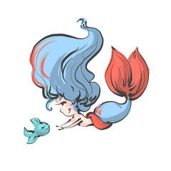 Cute mermaid with fish childish illustration fantasy