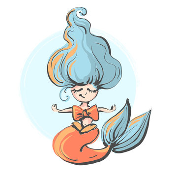 Hand drawn cute little mermaid meditation. Doodle cartoon vector illustration isolated on white background.