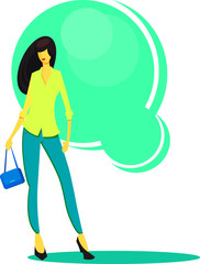 the girl in blue jeans and a yellow shirt holding a purse