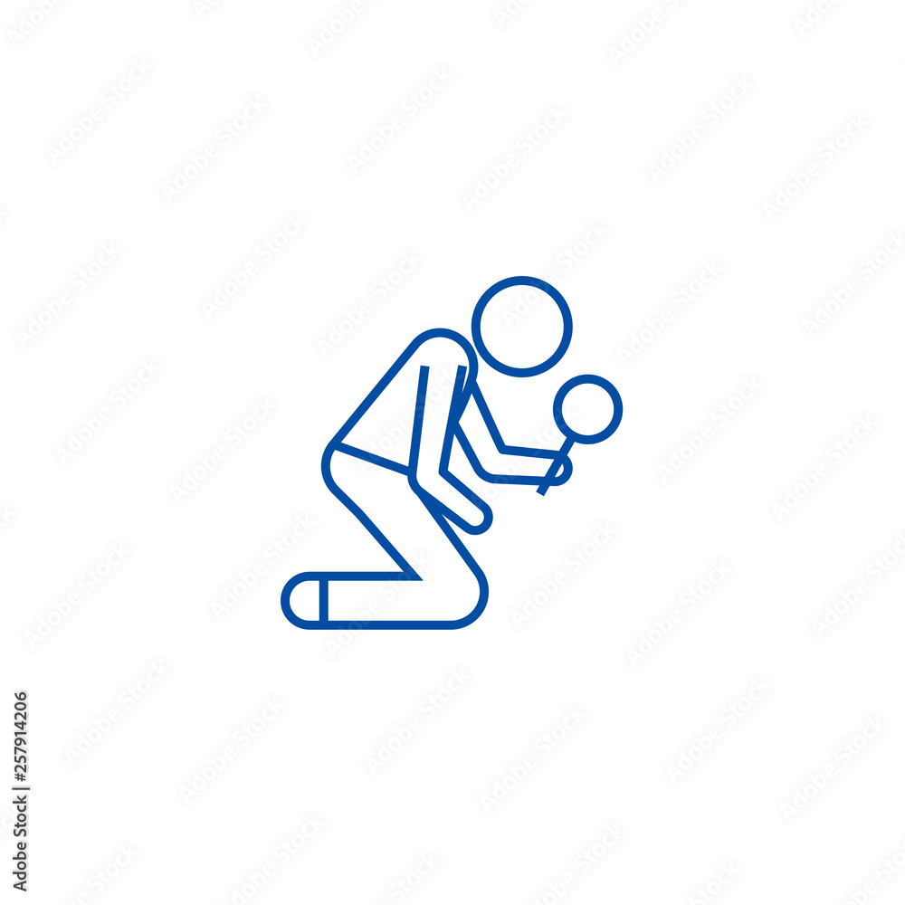 Poster man searching with magnifying glass line concept icon. man searching with magnifying glass flat vect