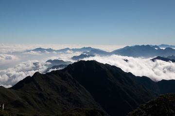 amazing landscape view of nature scene with fog and mist at fansipan vietnam mountain .