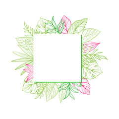 Postcard template with tropical leaves. Linear illustration. Hand-drawn picture. Vector