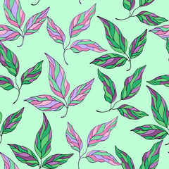 vector seamless pattern with bright hand drawing season foliage on green background