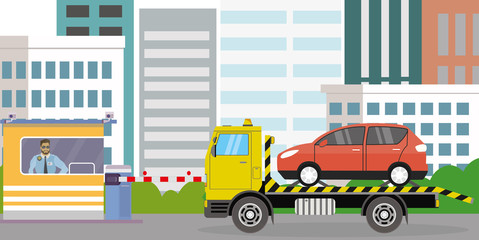 Tow truck with red car on platform,Guardhouse and security guard, - obrazy, fototapety, plakaty