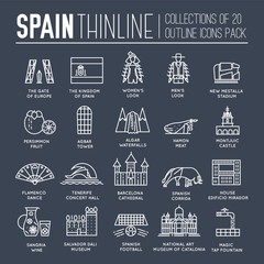 Fototapeta na wymiar Country Spain thin line travel vacation guide of goods, places and features. Set of outline architecture, fashion, people, items, nature background concept. Infographic template design on flat style