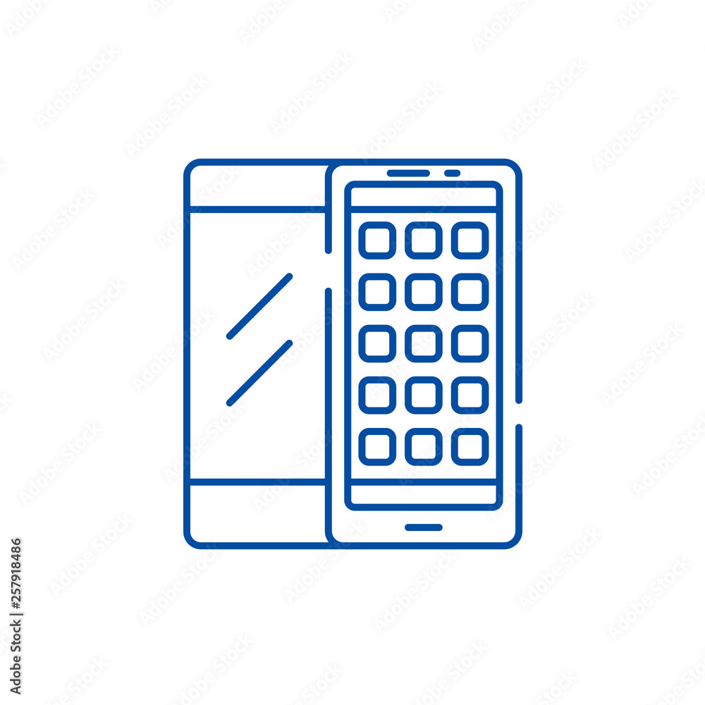 Poster mobile applications line concept icon. mobile applications flat vector website sign, outline symbol,