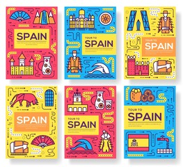 Spain vector brochure cards thin line set. Country travel template of flyear, magazines, posters, book cover, banners. Layout culture monument outline illustrations modern pages