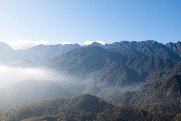 Obraz premium amazing landscape view of nature scene with fog and mist at fansipan vietnam mountain .