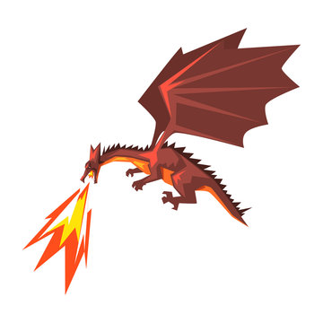 Red dragon spitting fire, mythical fire breathing animal vector Illustration on a white background