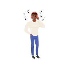 Young african american man listening to music with headphones vector Illustration on a white background