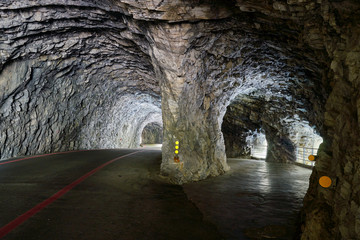 Beautiful tunnel scenic of rock cliffs at Swallow Grotto in Yanzikou, Taroko national park, Hualien, Taiwan.
