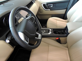 Car Seats And Dashboard Trimmed Beige Colored Leather 