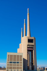 close up view of old "tres xemeneies" industrila complex in badalona during sunny day