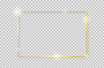 Gold shiny glowing vintage frame with shadows isolated on transparent background. Golden luxury realistic rectangle border. Vector