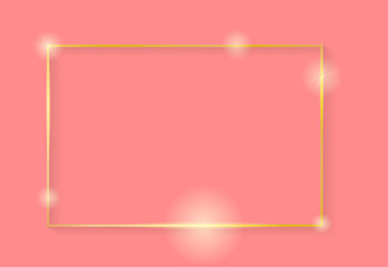 Gold shiny glowing vintage frame with shadows isolated on living coral  background. Golden luxury realistic rectangle border. Vector