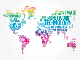 Fototapeta na wymiar Technology word cloud in shape of world map, business concept background